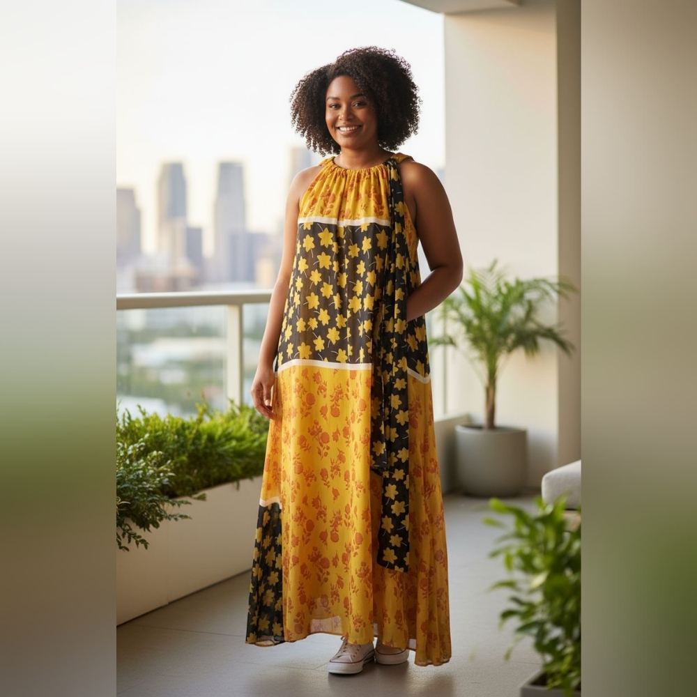 Gibson & Latimore Yellow and Black Floral Sleeveless Asymetrical Dress XXL